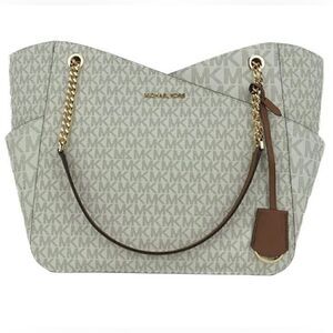 Michael Kors Large Jet Set Travel Tote Handbag Signature Vanilla Gold Chain